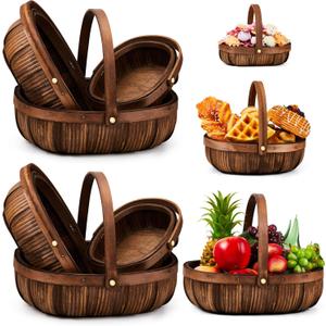 Sintuff 6 Pcs Wicker Baskets with Handles 3 Sizes Woven Garden Harvest Basket for Gathering Vegetables Wooden Bushel Apple Basket for Fruits Fall Thansk-giving Picnic Gift Farmers Market (Coffee)