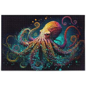 Wooden Jigsaw Puzzle 1000 Pieces Painting Octopus Orange Print, Zigsaw with Alphabet Partition Storage Bag Easy to Solve for Adults