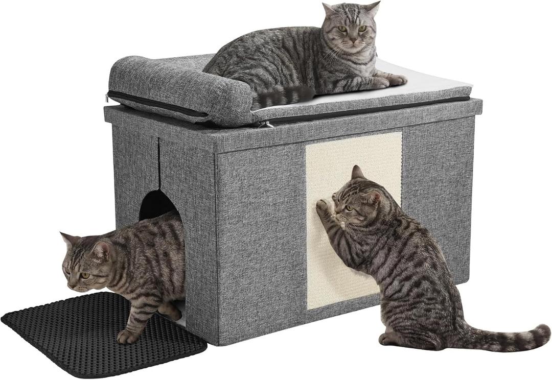 Cat Litter Box Enclosure Furniture, Hidden Litter Box with Cat Bed, Waterproof Odor Control Litter Box Cover, Dog Proof Foldable Storage Bench, Easy Assembly (Grey, Large (30" x 17.7"x 17.7"))