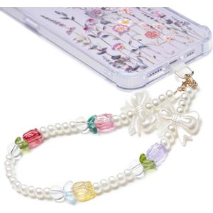 GVIEWIN Phone Charm Beaded Wrist Strap with Tether Tab, [Hands-Free & Anti-drop] Detachable Phone Chain Wristlet for Women Girls for iPhone & Most Smartphones, Tulip Pearl