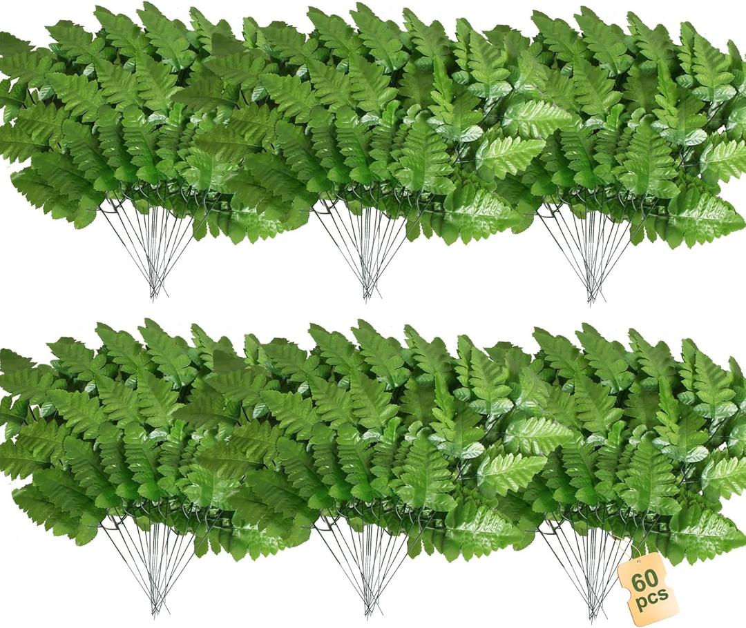 60 Pcs Artificial Silk Fern 19.93 * 8.28 Inch Fake Greenery Stems Green Fake Ferns Floral Arranging Birthday Party Wedding Decorating