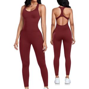 OLCHEE Womens Workout Jumpsuits Seamless Yoga Gym Bodycon Rompers Sexy Racerback Tummy Control Padded Bra Unitard (Red, XL)