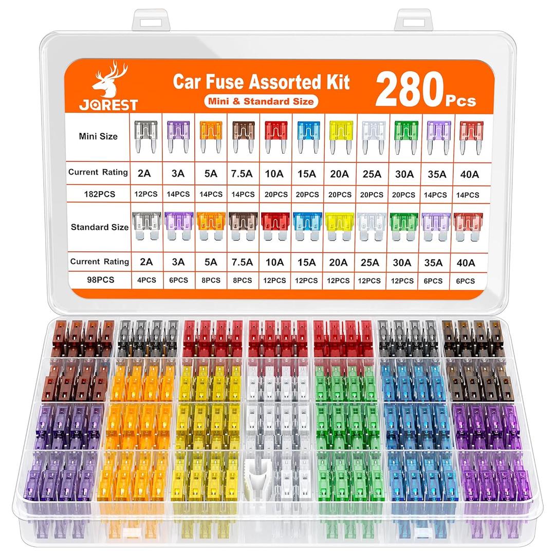JOREST 280 Pcs Fuse Kit,182 Mini Car Fuses Assortment + 98 Standard Auto Blade Fuse, Replacement for Tool Automtive RV Motorcycle Truck Accessories(2A 3A 5A 7.5A 10A 15A 20A 25A 30A 35A 40AMP)
