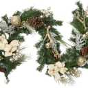 6 Feet Pre-lit Christmas Garland with Lights for Mantle, Lighted Battery Operated Outdoor Xmas Garland with 20 LED Gold Balls Pine Cones Antlers for Fireplace Front Door Stair Railing Decor