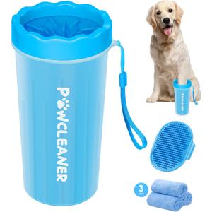 Comotech Dog Paw Cleaner with Bath Brush & Absorbent Towels - Adjustable Ring Handle for Long and Short-Haired Dogs (Large, Blue)