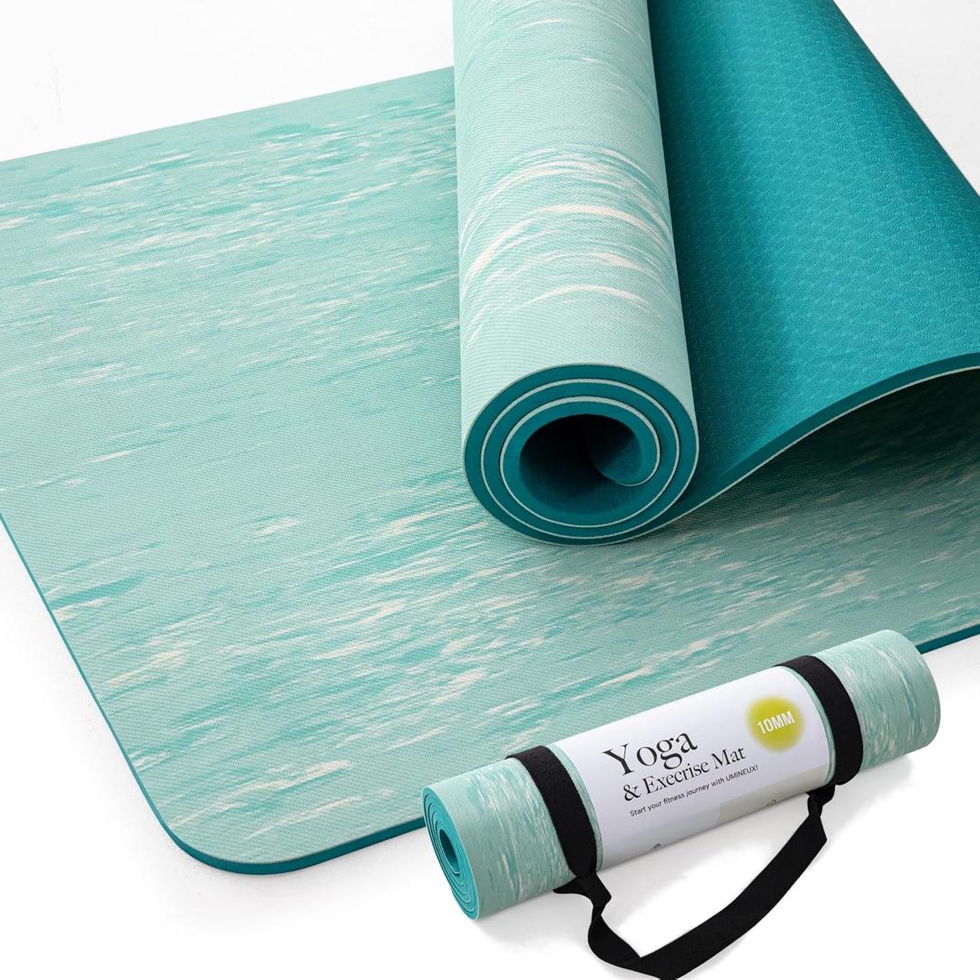 UMINEUX Extra Thick Yoga Mat, 2/5 Inch (10MM), Natural Rubber and TPE Non Slip Yoga Mats with Strap for Women Men, Eco Friendly Exercise Mat for Yoga, Pilates and Home Workout (Tiffany Blue)