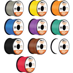 Iron Forge Cable 18 Gauge Primary Automotive Wire Assortment Pack - 10 Roll Bulk - 18 AWG Auto Wires - 100 Ft Copper Clad Aluminum Cable per Roll (Set of 10 - 100 Foot)