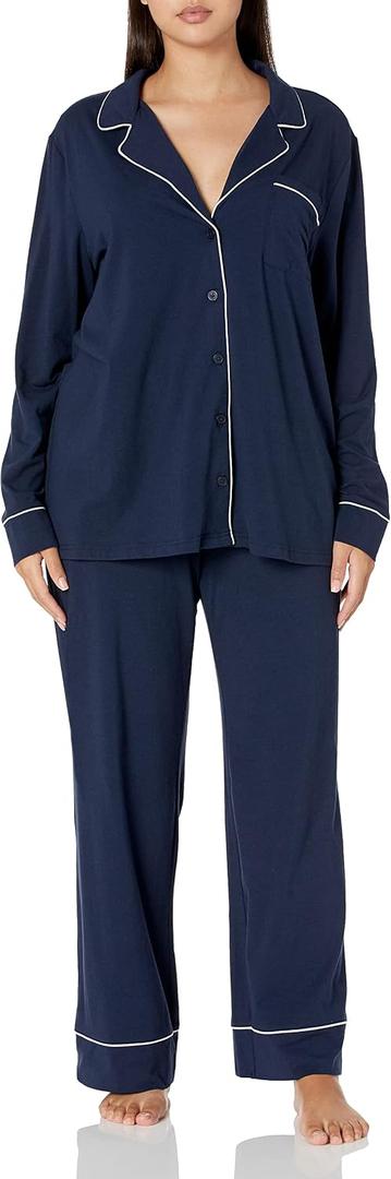 Amazon Essentials Women's Cotton Modal Long-Sleeve Notch Collar Shirt and Full-Length Elastic Waist Pajama Pant Set, Navy, 3X