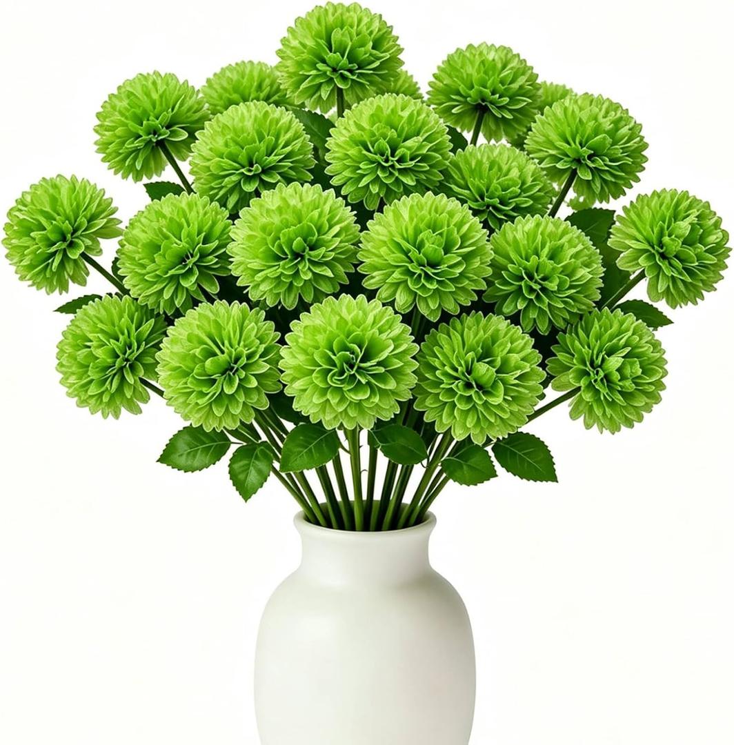 Floweroyal 24pcs Green Flowers Artificial Chrysanthemum Ball Silk Hydrangea Flowers Bridal Wedding Bouquet for Home Garden Party Office St Patricks Day Decor
