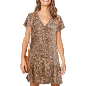 Imysty Womens Polka Dot V Neck Button Down Ruffles Loose Mini Short T-Shirt Dress (Brown, XL)