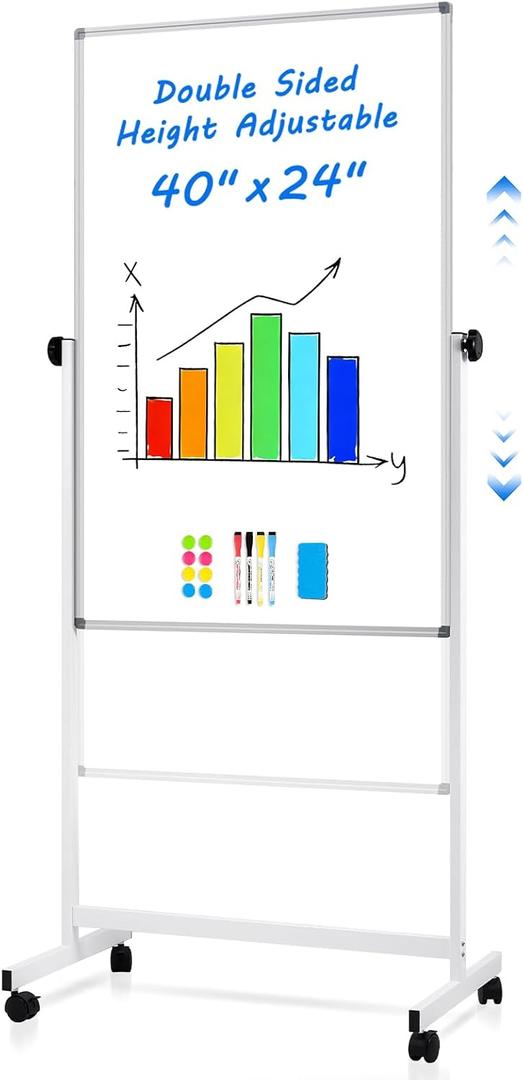 Magnetic Rolling Whiteboard, 40" x 24", Double Sided, Height Adjustable
