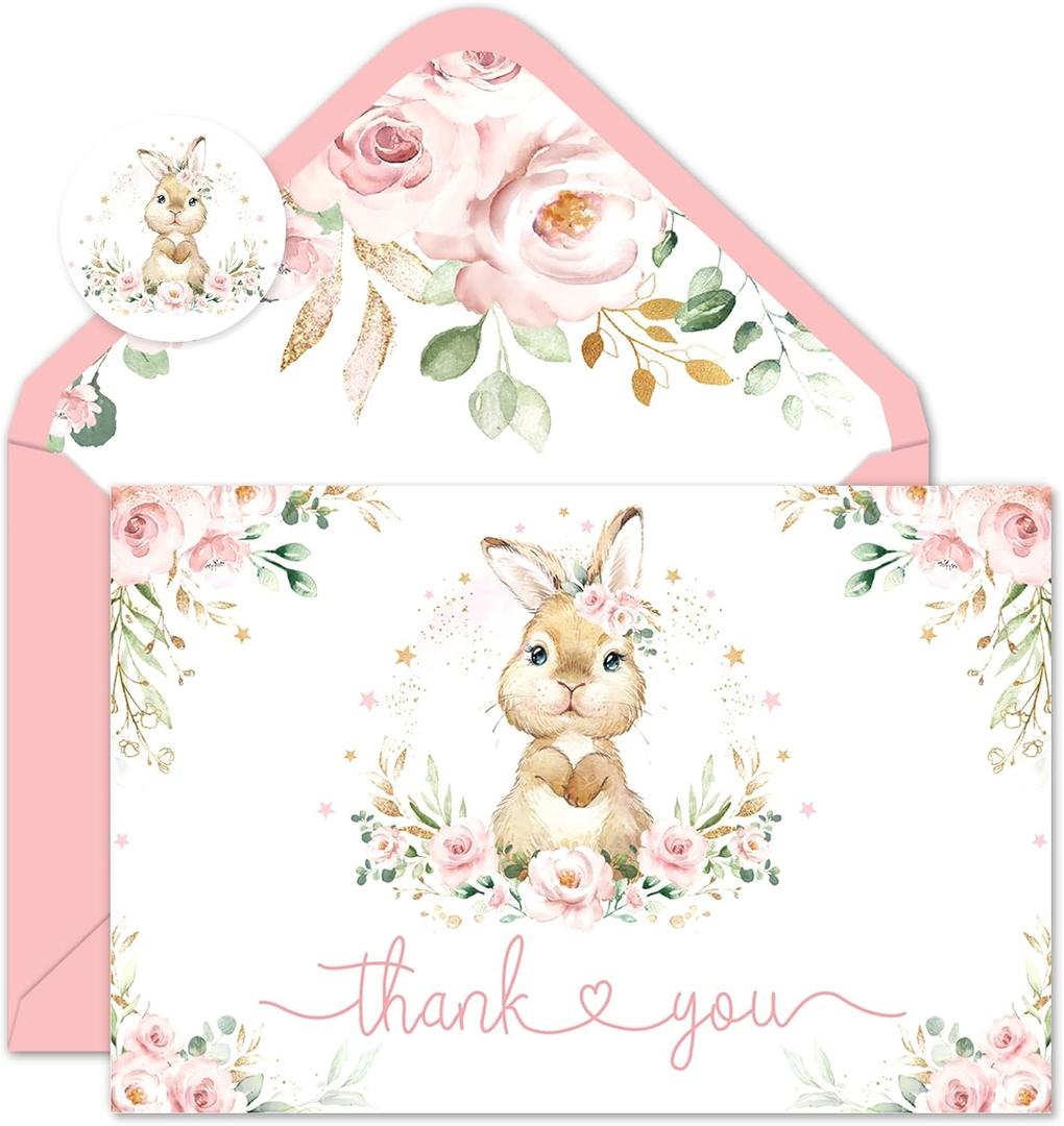 FYSUIMU 50 Pack Easter Thank You Cards Boxed Pink Floral Bunny Greeting Cards Rabbit Flower Blank Note Card with Envelopes Stickers for Spring Birthday Baby Shower Party Supplies