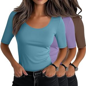 Neer 3 Pack Women's Scoop Neck Stretchy Tops Cotton Half Sleeve Slim Fitted T-Shirts Tight Casual Basic Summer Tees (Large, Black, White, Gray)