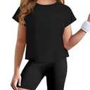 ZDC Girls Athletic Yoga Shirts Summer Short Sleeve Quick Dry Crop Tops Basic Gym Tees 5-14 Years Black