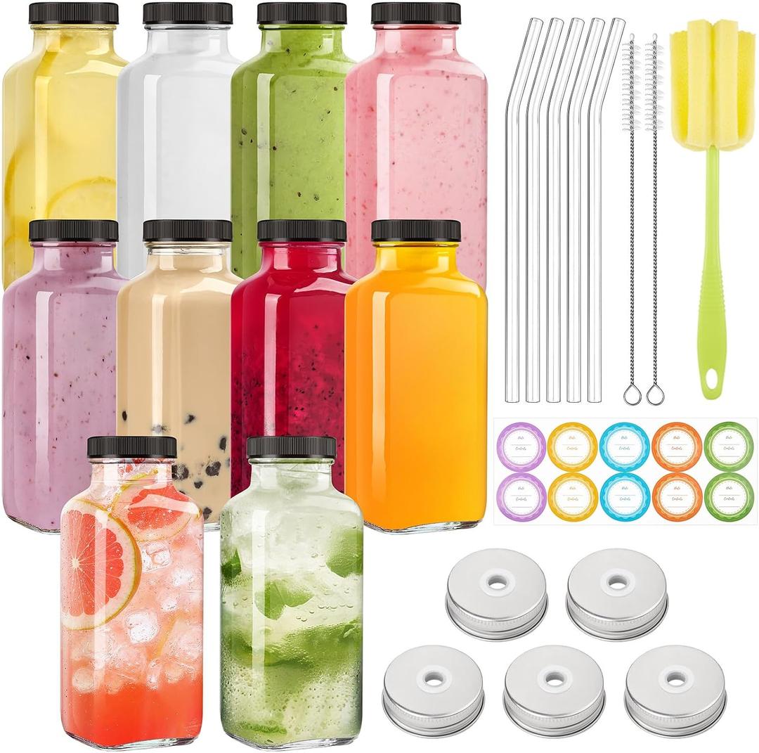 TUZAZO 10 Pack 12 Oz Glass Juice Bottles with Lids, Reusable Travel Drinking Jars Containers, Glass Bottles for Juicing, Smoothies, Kombucha, Milk, Coffee with Brush, Straws, Lids with Hole