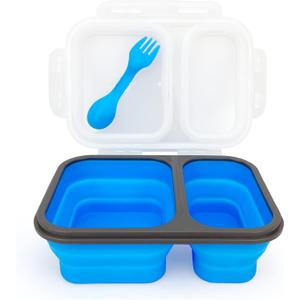 2 Compartments Collapsible Airtight Bento Box with Ideal Portion 600ml & 450ml and 2 in 1 Spoon & Fork, Food Grade Silicone Lunch Container for Adults Work Travel, Microwave Safe