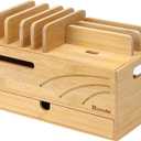 Homde Natural Bamboo Charging Station Rack for Multiple Devices Cable Cord Management Box Organizer Holder with 6 Slots Drawer for Chargers Phones Tablets Watches Electronics (Natural)