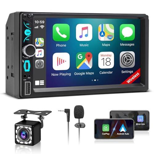 7" Wireless Double Din Car Stereo with Carplay, Android Auto, Bluetooth, Multimedia Car Audio Support Mirror Link, Backup Camera, FM/AM, HD Touchscreen, Aux Input Car Audio Receivers