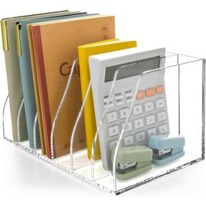 Acrylic Magazine File Holder, 6 Vertical Compartments Desk Document Sorter Organizer, Clear Folder Rack Binder for Office, Tablets, Magazines, Books Home/Classroom Rack, 5mm Thick
