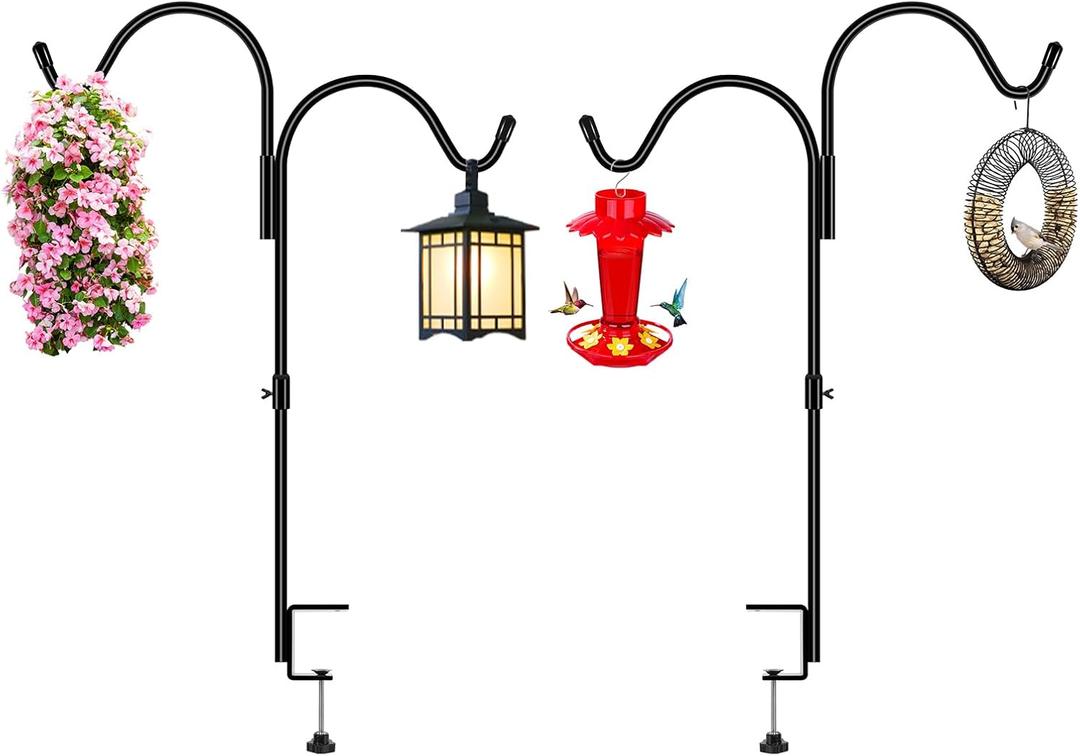 Gtongoko 35 Inch 2 Pack Double Deck Hook for Railing, Deck Bird Feeder Pole with 3 Inch Strengthened Clamp for Hanging Bird Feeders, Lanterns, Wind Chimes, Flower and Plant Baskets