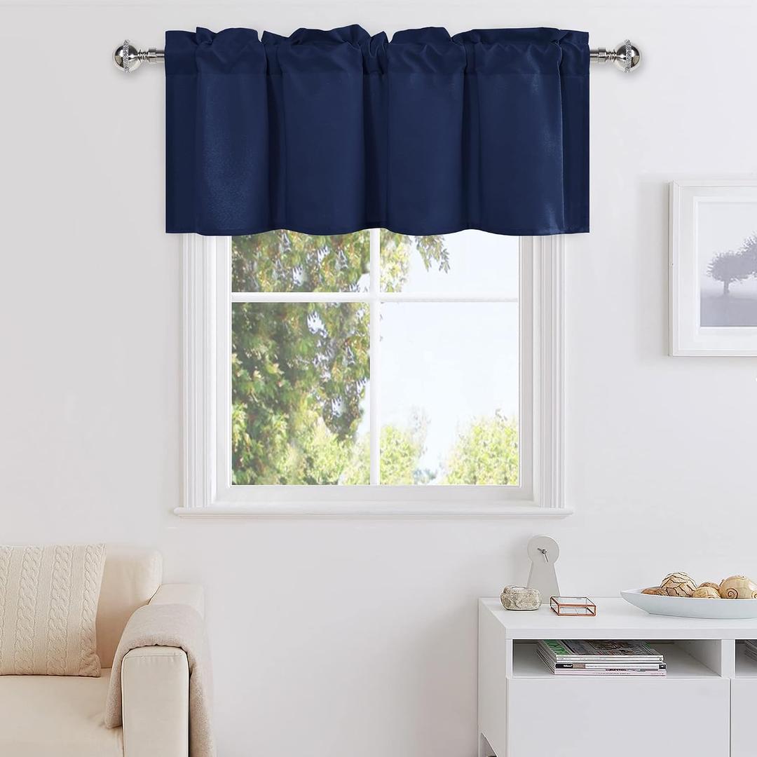 DWCN Kitchen Valance Curtains for Living Room, Rod Pocket Solid Short Topper, Bathroom/Basement Curtain for Window Treatment, 1 Panel, 42 X 12 Inch, Navy Blue