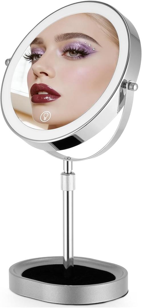 Rechargeable Adjustable-Height Makeup Mirror with 3 Color Lights,Touch Screen and Dimmable Settings,8'' Dual-Sided 1X/10X,360 Rotation Vanity Mirror with Jewelry Tray,Lighting Cosmetic Mirror
