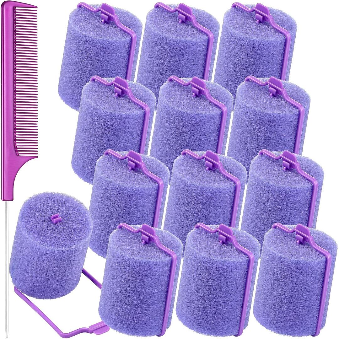 Syhood 12 Pcs Jumbo Foam Sponge Hair Rollers 1.89 Inch Soft Sleeping Curlers Flexible Large Foam Rollers and Rat Tail Comb for Hair Styling(Purple) (Purple)