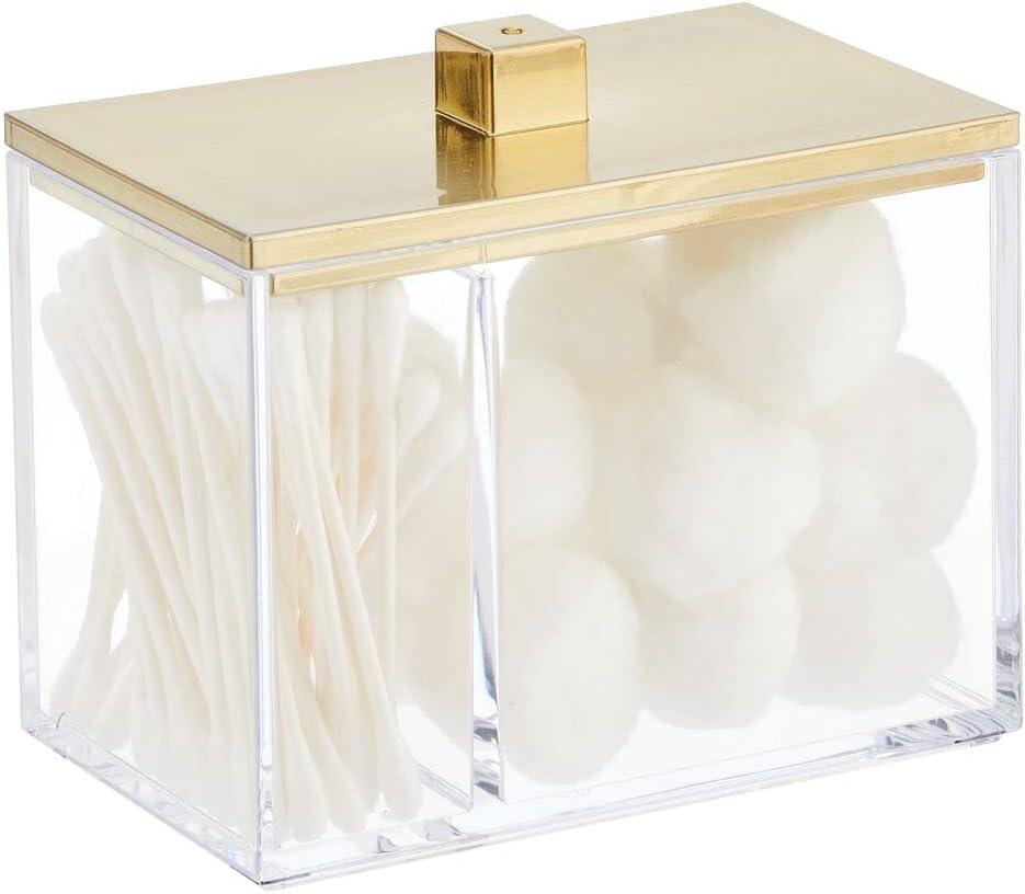 mDesign Modern Square Bathroom Vanity Countertop Storage Organizer Canister Jar for Cotton Swabs, Rounds, Balls, Makeup Sponges, Bath Salts - 2 Divided Sections - Clear/Soft Brass