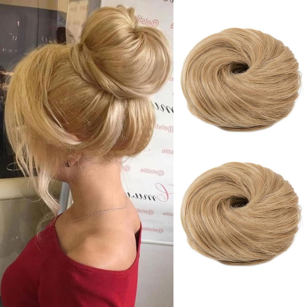 IOVOIMMSL 2PCS Small Cute Messy Bun Hair Piece for Thin Hair Women Mini Synthetic Curly Bun Scrunchies Updo Hairpieces Sandy Blonde