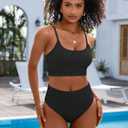 ANRABESS Womens High Waisted Bikini Sets,Color Block 2 Piece Swimsuits,Tummy Control Bathing Suits,Thick Ribbed Beach Wear (Large, Black)