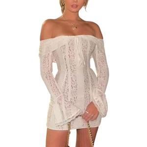 Sezhgswd Women Elegant Off Shoulder Lace Bodycon Maxi Dress Bell Sleeve Mesh Sheer Mermaid Wedding Party Dress, White, S