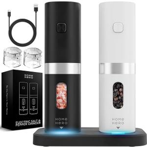Home Hero Electric Salt and Pepper Grinder Set - Automatic Salt and Pepper Grinder Set Rechargeable. Electronic Salt and Pepper Shakers with LED Light, Electric Pepper Grinder & Salt Grinder, Set of 2