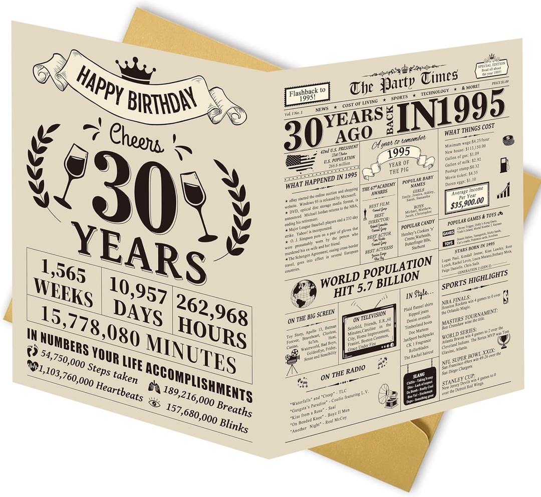 3 x SuperShunhu Jumbo 30th Birthday Card for Men Women, Vintage 30 Year Old Bday Gift for Friends Family, 30 Years Ago Back in 1995