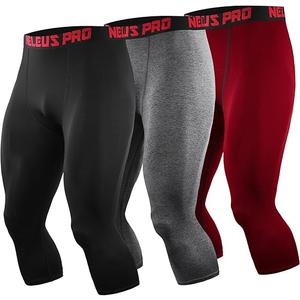 NELEUS Men's Dry Fit Compression Pants Workout Running Leggings, 3 Pack, L, Black with Red