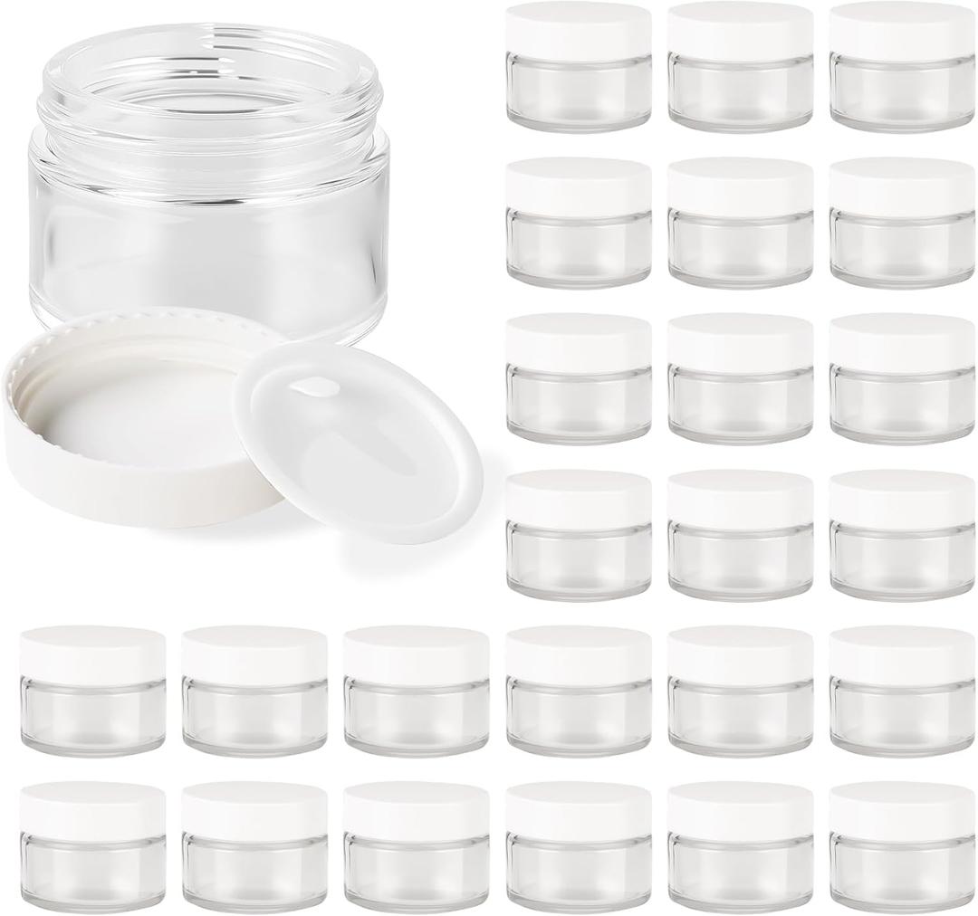1oz Glass Jar with Lid, Hoa Kinh 25Pack Clear Round Containers Cosmetic Glass Jars with Inner Liners and White Lids Travel Jars for Storing Lip and Body Scrub, Lotion, Body Butter, Bath Salts, Liquid