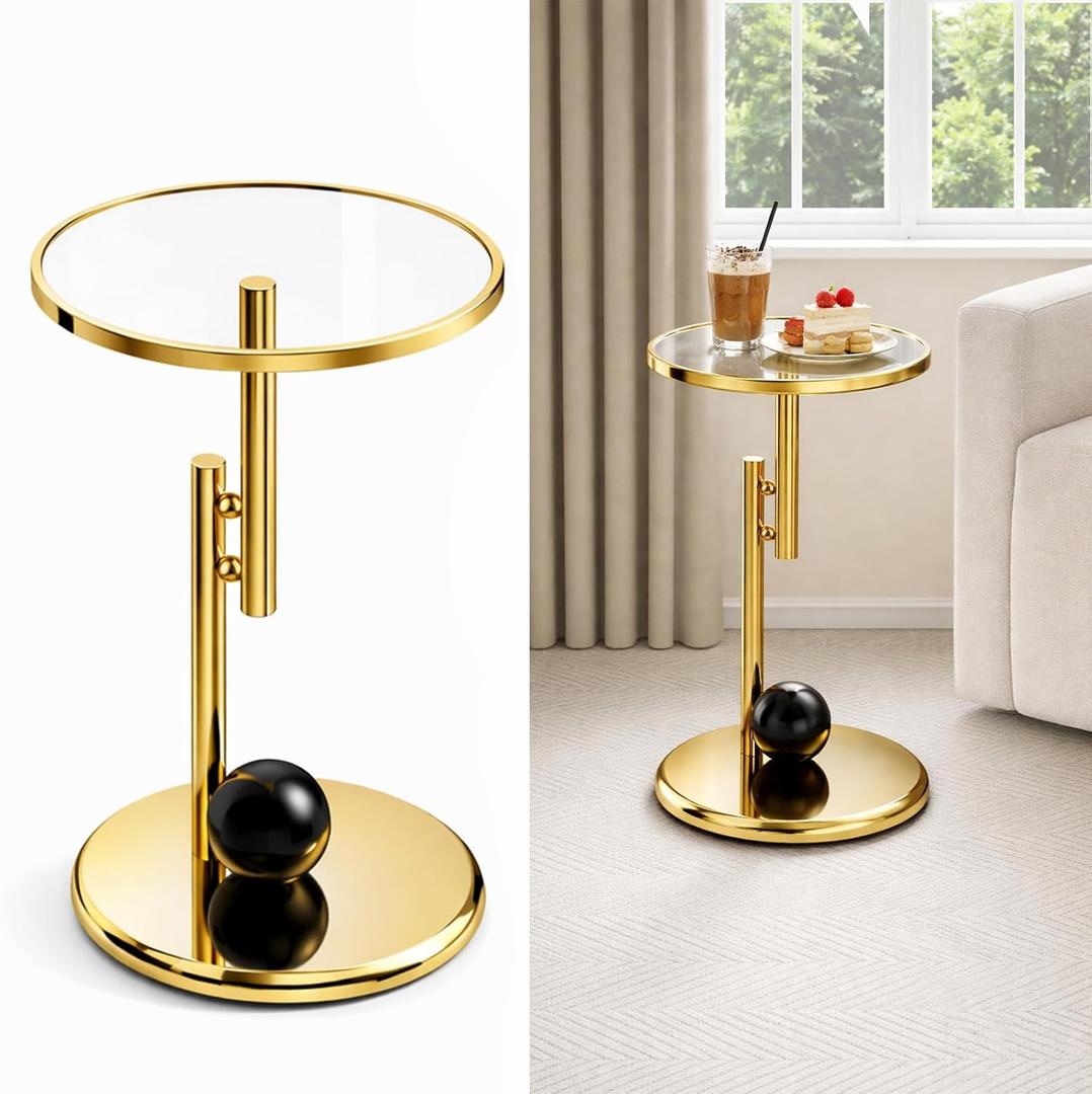Modern Gold Side Table with Glass Top, Small Round End Table with Metal Base, Contemporary Accent Table for Living Room Bedroom Balcony, Space-Saving Decorative Table, 13.7*13.7*24