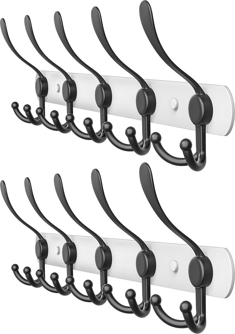 Coat Rack Wall Mount with 5 Tri Hooks, Stainless Steel 16 Inch White & Black Matte Finish, Heavy Duty Wall Mounted Hook Rack for Coats, Hats, Towels, Scarfs, Robes, Bags, Entryway & Bathroom, 2 Pack