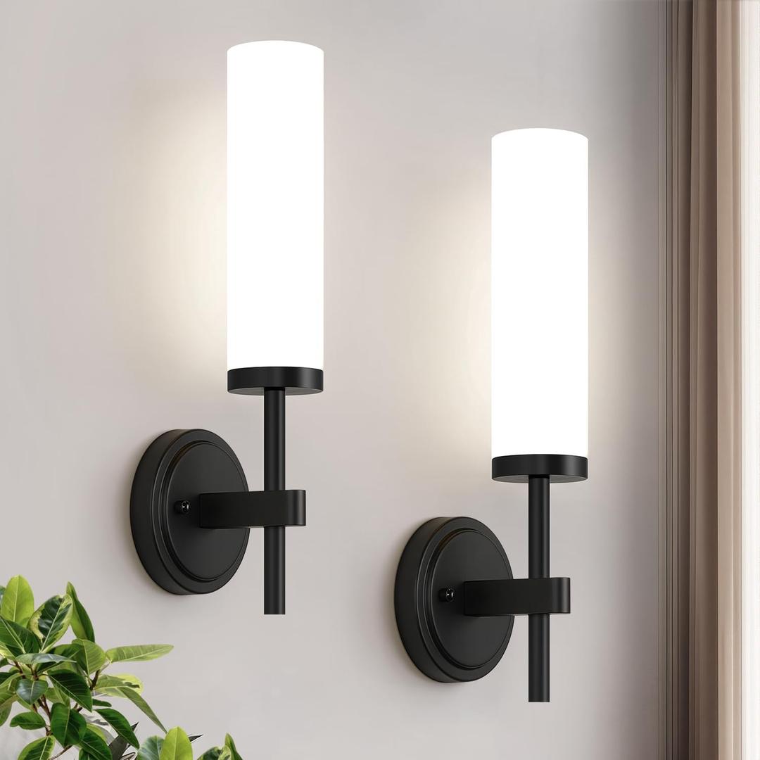 MOKATNG [Hardwired] Wall Sconces Set of Two, Matte Black Bathroom Sconces with Milky White Glass, Modern Wall Light Fixtures for Bathroom Mirror Vanity, Living Room, Hallway, Stairway, Cabinet, Foyer, 15.5inch