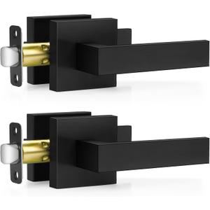 Plustool 2 Pack Matte Black Door Handles, Passage Door Levers for Hallway & Closet, Interior Keyless Door Knobs Heavy Duty Square Non-Locking Handlesets, Reversible for Left & Right Sided Doors