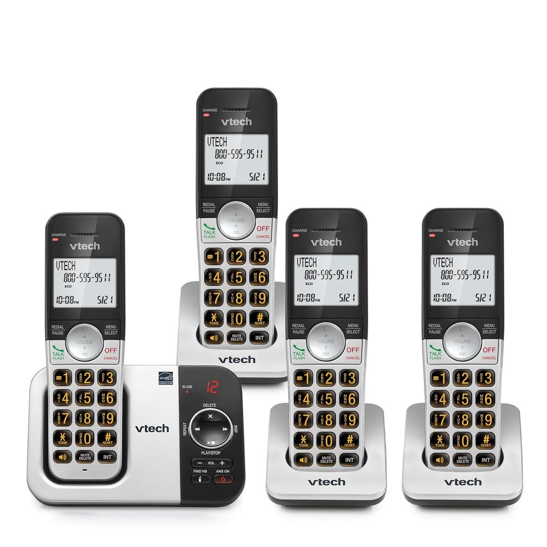VTech Cordless Phone with Answering Machine 4-Handset - with Big Buttons Full-Duplex Speakerphone Caller ID Last 10 Number Redial, VG232-4