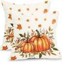 Fall Throw Pillow Covers 18x18 Inch Set of 2 Orange Autumn Pumpkin Decorative Outdoor Pillow Covers Thanksgiving Pillowcases Cotton Linen Cushion Covers for Couch Bedroom Home Decor