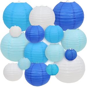 LURICO 16 Pcs Blue/White Paper Lanterns (Size of 4, 6, 8, 10) - Chinese/Japanese Paper Hanging Decorations Ball Lanterns Lamps for Home Decor, Parties, and Weddings