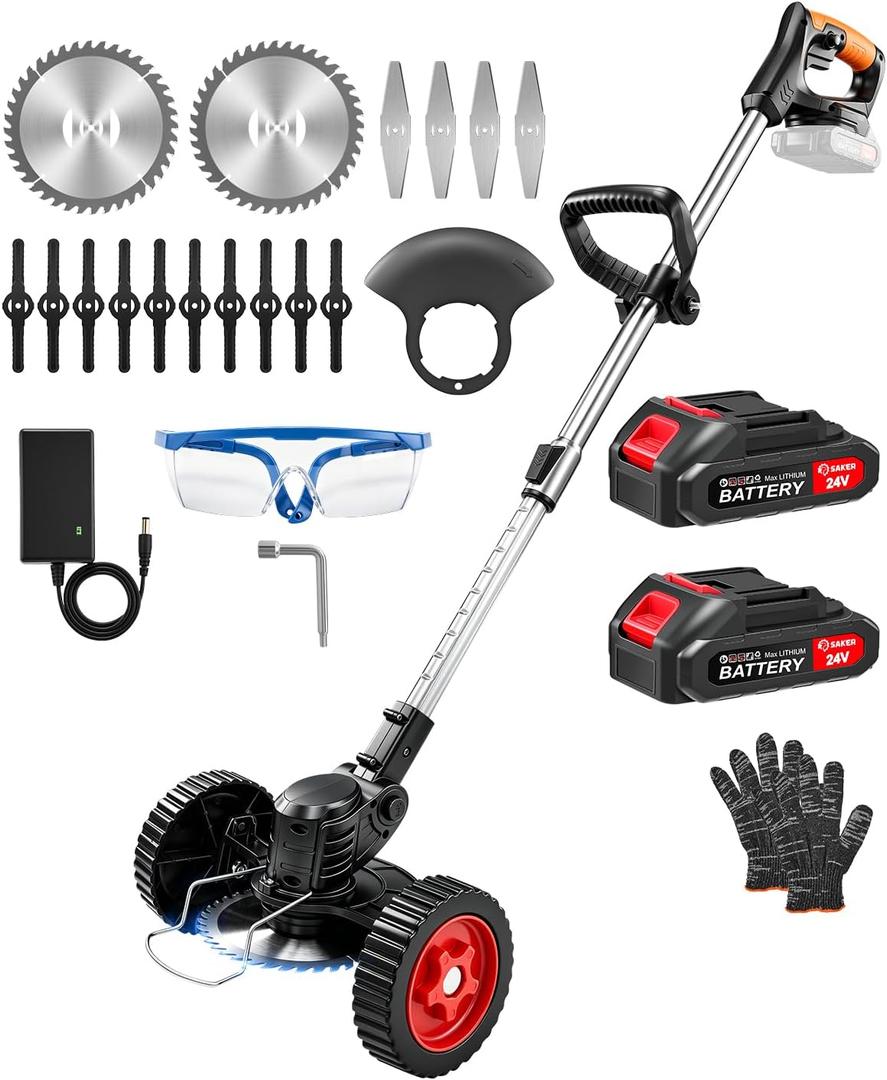 Saker 24V Cordless Weed Wacker, Electric Grass Trimmer Weed Eater with 2 Batteries, 3-in-1 Lightweight Brush Cutter/Lawn Mower/Edger with Wheels & 3 Types of Blades for Lawn, Garden & Yard Care(Black)