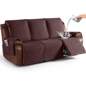 KinCam Waterproof Recliner Sofa Cover, Non-Slip Reclining Couch Covers for 3 Seat, Recliner Couch Cover Furniture Protector with Elastic Straps for Pets, Kids, Coffee