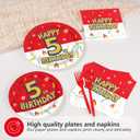 Grencian 96Pcs 5th Cartoon Happy Birthday Party Supplies Red and White Paper Plates and Napkins Tableware Sets Large Anime Themed Decoration for Birthday Cartoon Kids Children Party Serves 24