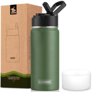 koodee Water Bottle-16 oz Stainless Steel Double Wall Vacuum Insulated Sports Water Bottle with Straw for Girls and Boy (Grass Green)