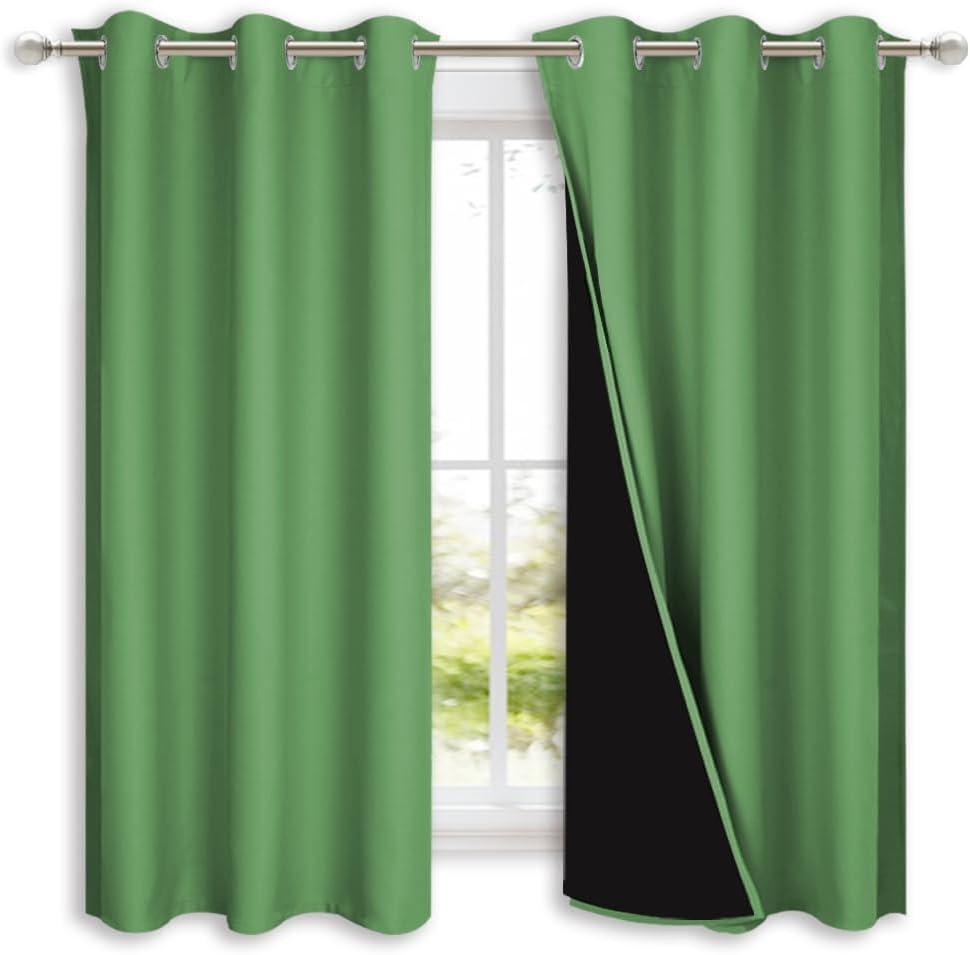 NICETOWN 100% Blackout Short Curtains with Black Liners, 2 Panels, 37" W by 50" L, Forest Green, Solid Thermal Insulated Full Blackout 2-Layer Lined Drapes, Energy Efficiency Window Drapes for Bedroom