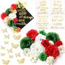 31 Pcs DIY Graduation Cap Decorations Accessory Kit Include Faux Flower Heads Graduation Quotes Glitter Stickers 3D Butterfly Stickers for Grad Cap Topper Gift, Red/White/Green)