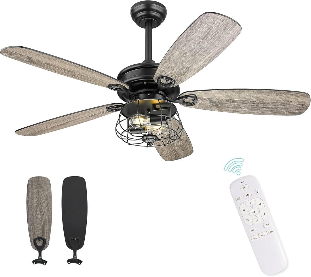 Farmhouse Ceiling Fan, 52Inch Ceiling Fans with Lights and Remote Control, Rustic Barnwood Blades, Industrial Cage Light, Matte Black, MK03-BK