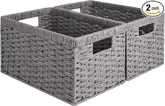 StorageWorks Wicker Storage Baskets, Gray Baskets for Storage, 2-Pack
Paper Rope Wicker Storage Baskets for Shelves, Rectangular Wicker Baskets with Handles, Handwoven Grey Baskets, Woven Baskets